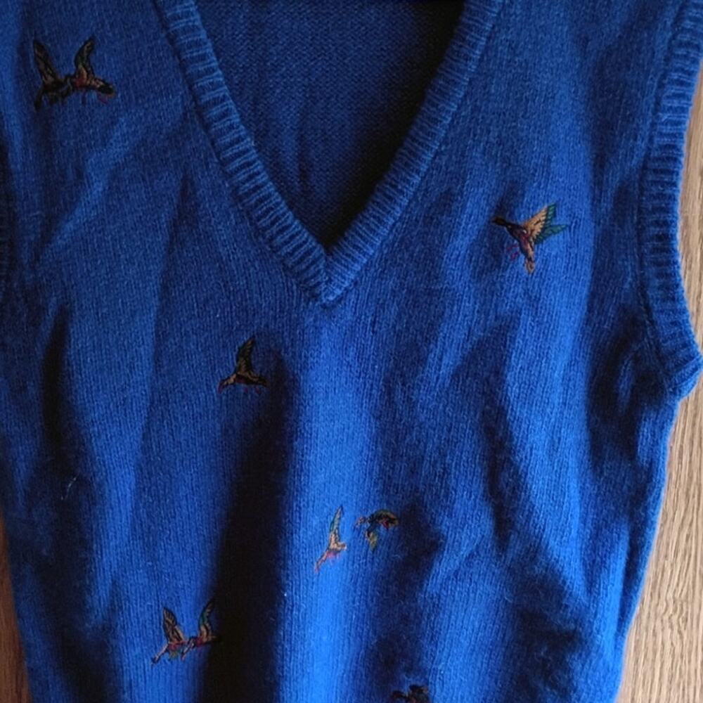 Vintage Cobalt Blue Shetland Wool Sweater Vest Medium Game Bird Sporting Lodge - Picture 9 of 10